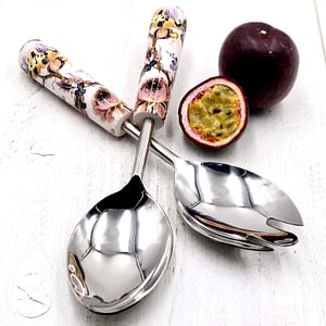 White, with pink & yellow flowers, salad servers